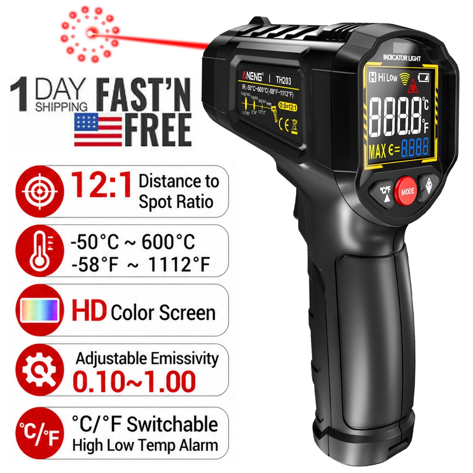 ANENG Infrared Thermometer Digital Laser Temperature Gun 12:1 IR Heat Meter Test