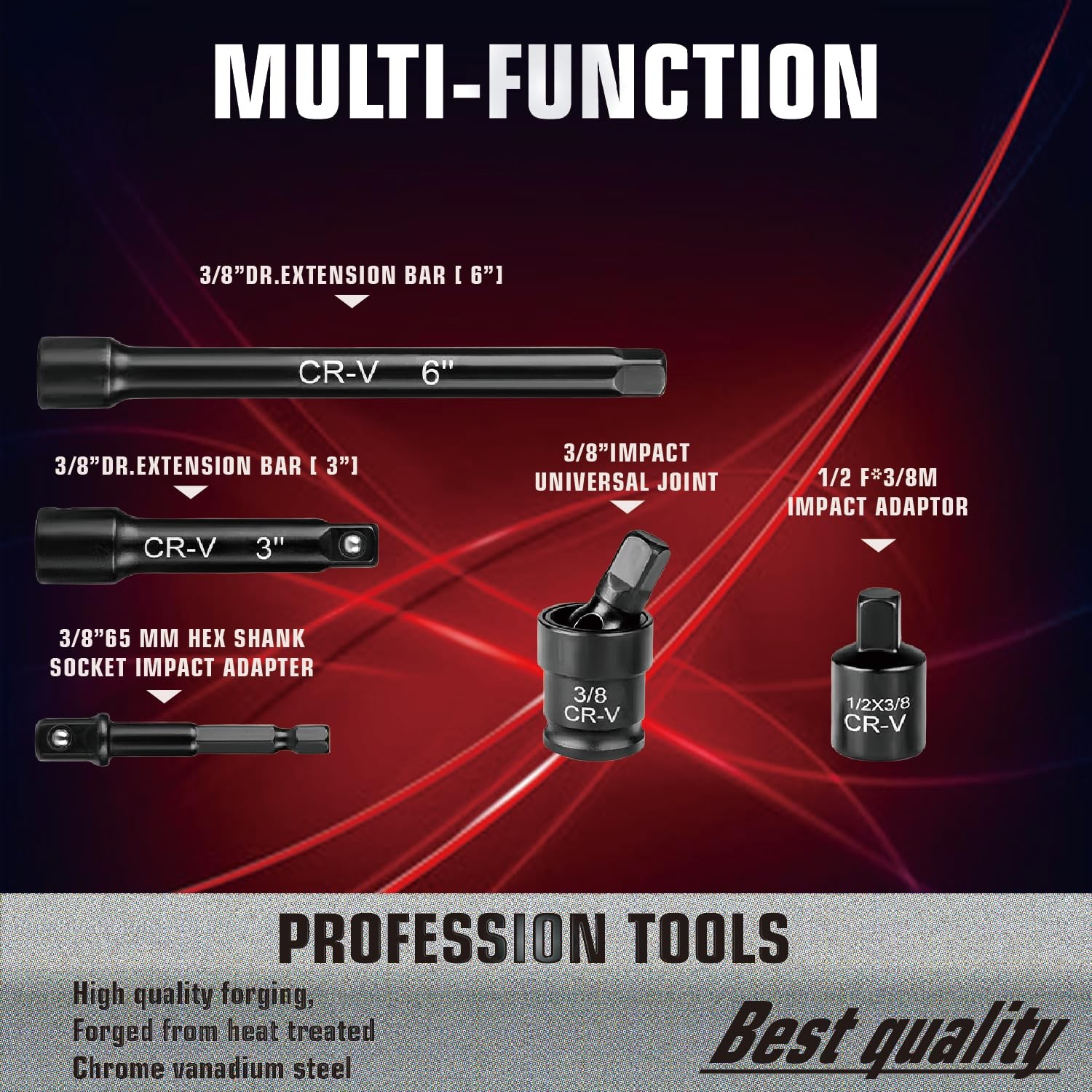 3/8″ Drive Impact Socket Set 50-Piece, SAE 50-Piece Set, Black