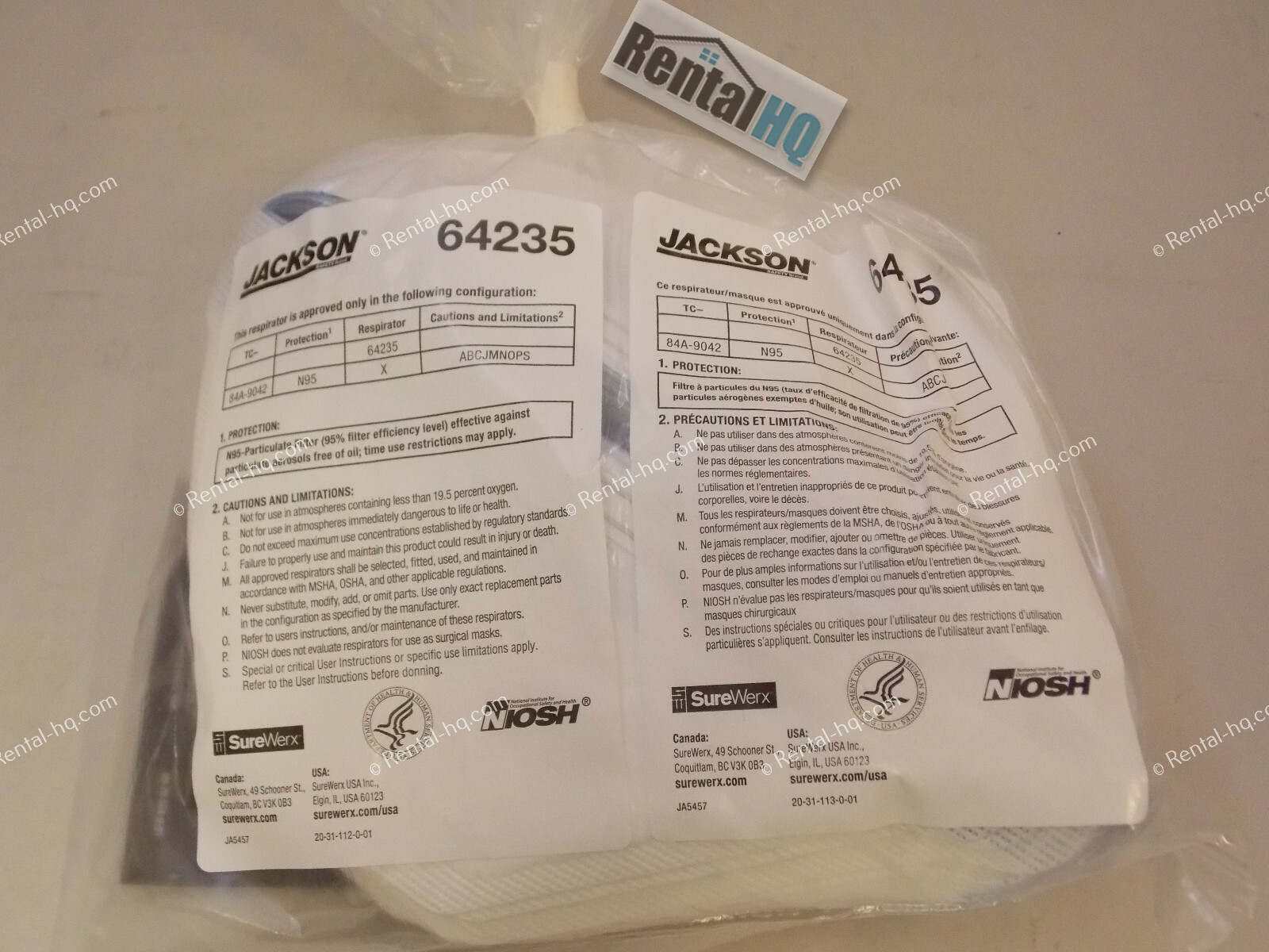 N95 Jackson Protective Disposable Face Mask Cover NIOSH Respirator (Bag of 50)
