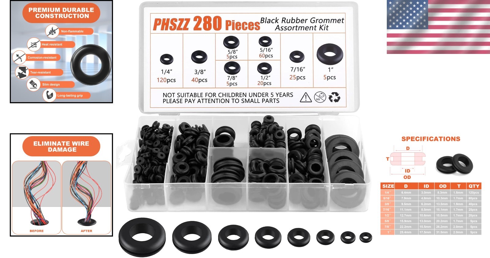 280 PCS Rubber Grommets Kit, Rubber Hole Grommet Gaskets Assortment for Wiring