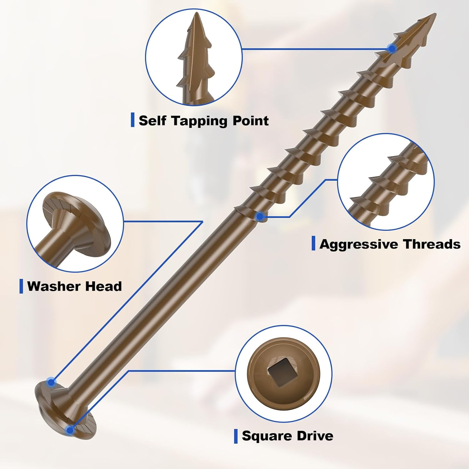 #8 Pocket Hole Screws 2-1/2 Inch, 100Pcs Coarse Thread Wood Screws, Square Drive