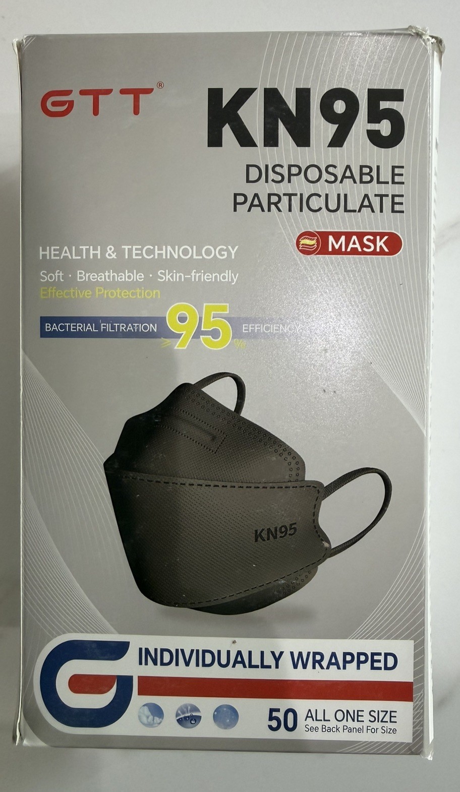 GTT KN95 Black Disposable Particulate Masks Individually Wrapped 50 Pack