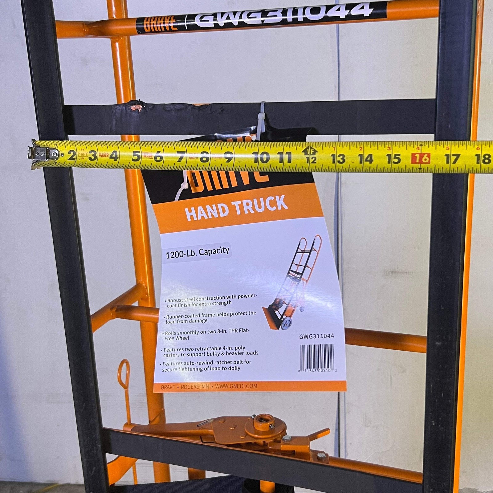 BRAVE Hand Truck 1200 Lb. Sz 17.5″W x 8″L x 65″H Orange GWG311044