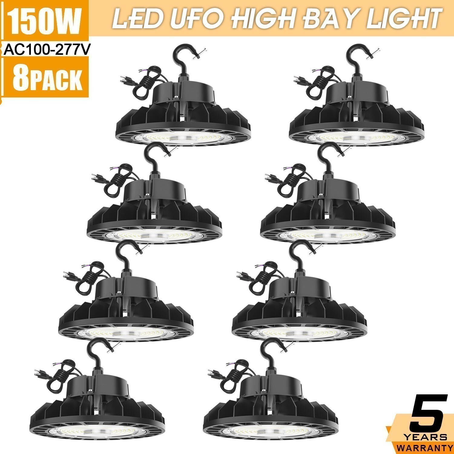 8 Pack 150W Led UFO High Bay Light 5000K Industrial Warehouse Garage Shop Lights