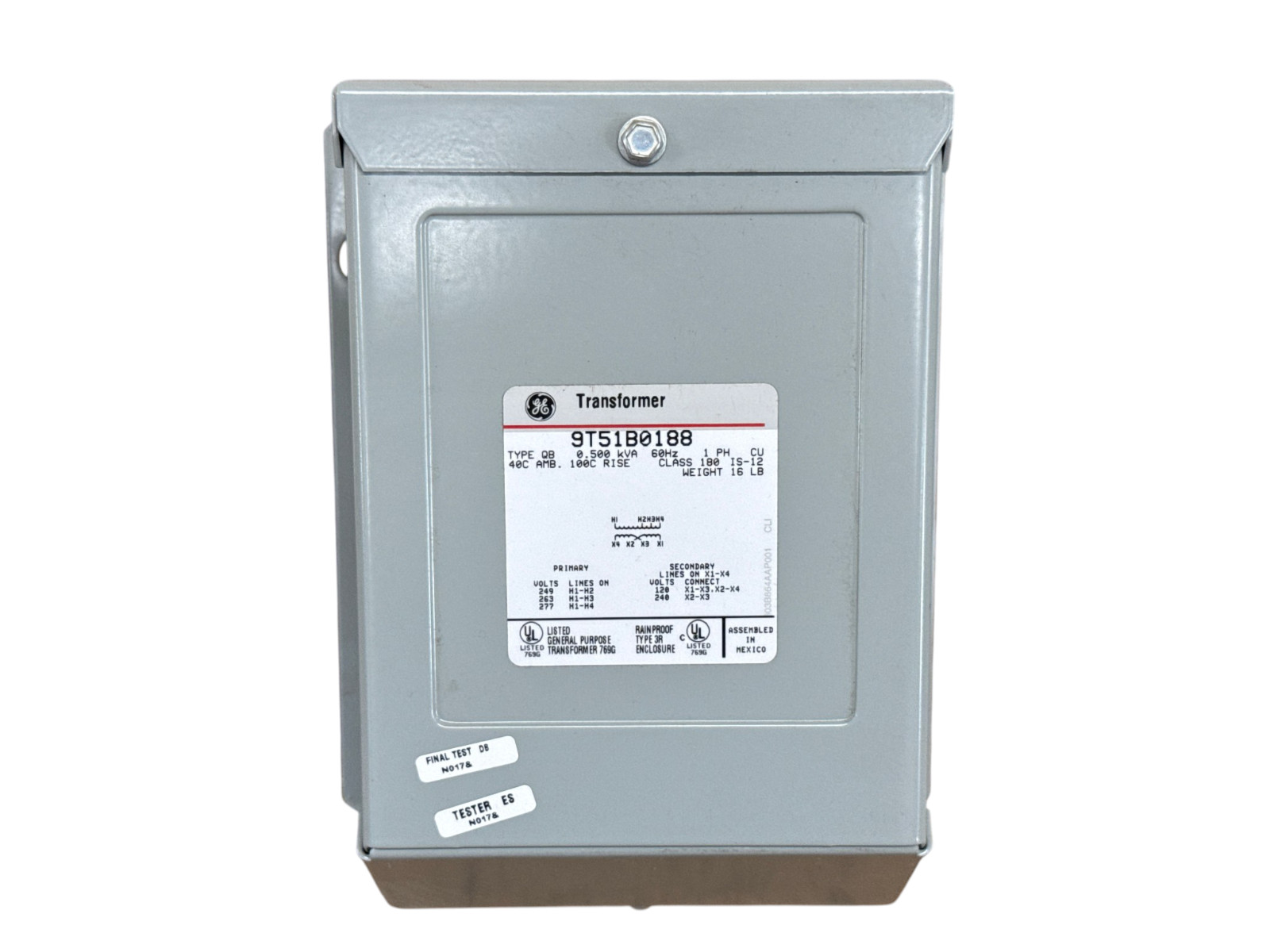 GE 9T51B0188 TYPE QB 0.5KVA 277V 120/240V 1PH GENERAL PURPOSE TRANSFORMER NEW