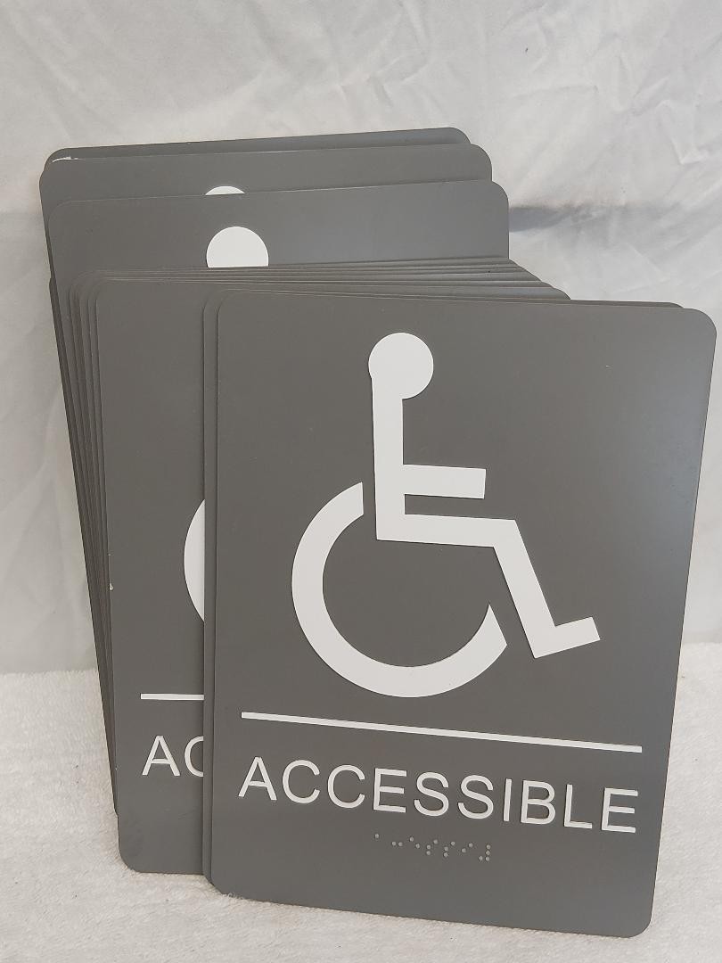 22 QTY BRAND NEW HANDICAPPED ACCESSIBLE SIGNS W/ BRAIL 6.5X9 BATHROOM RESTROOM