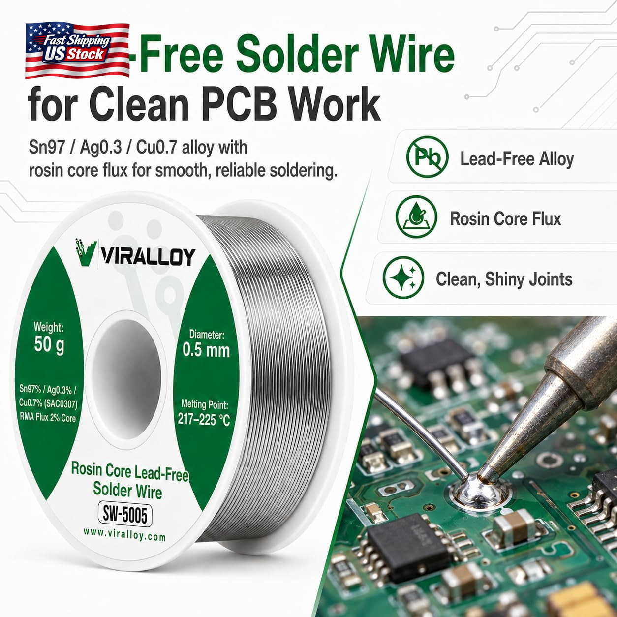 0.5Mm Lead Free Solder Wire, Rosin Core Solder for Electronics, Sn97/Ag0.3/Cu0.7