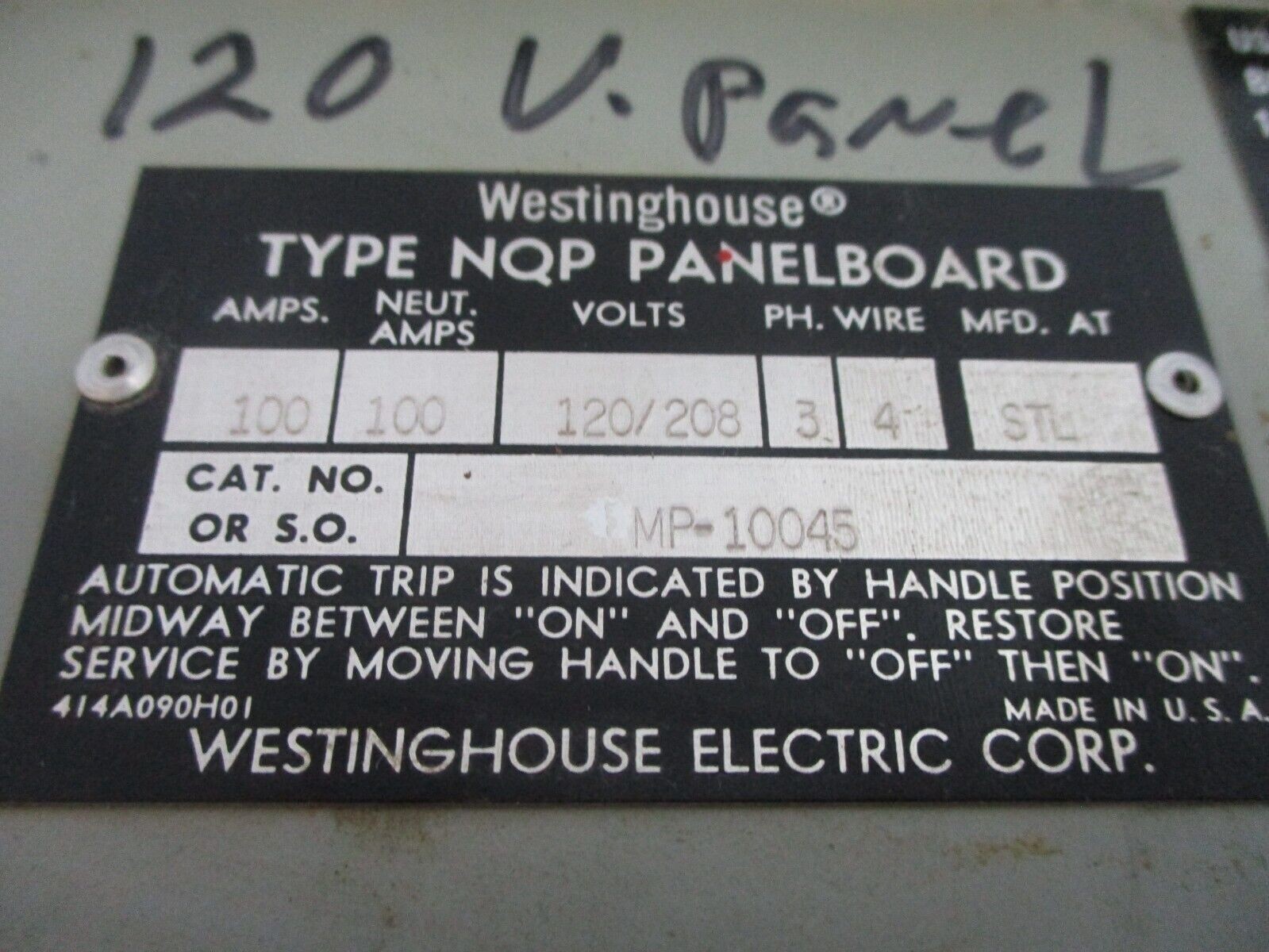 Westinghouse Type NQP Panelboard Interior MP-10045 100A 120/208V 3Ph 4W Used