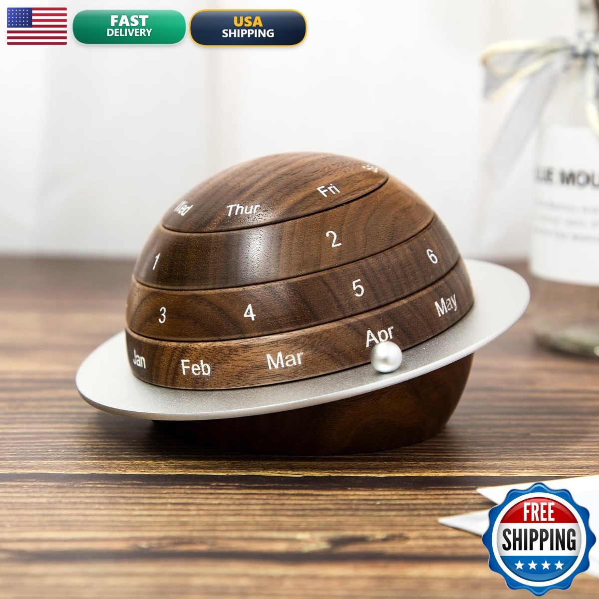 Mayhas Rotating Wooden Calendar – Walnut Wood Detachable Planetary Desk