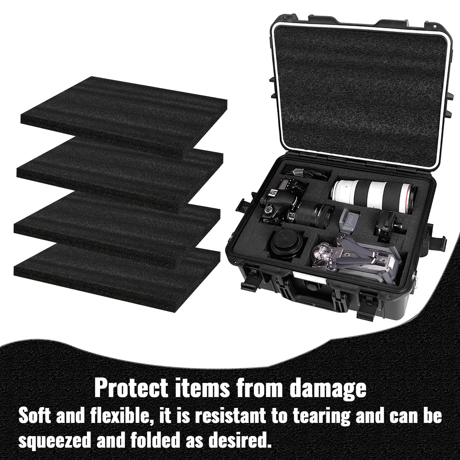6 PCS 16x12x2 Inch Polyurethane Foam Inserts Cases Packing Black Craft