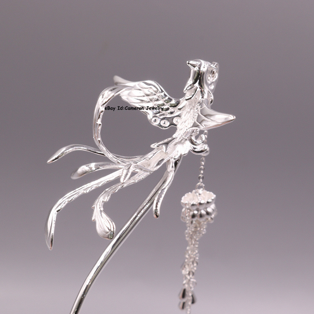 Pure S999 Fine Silver Hairpin Daily Carved Phoenix Hair Stick 24-25g 5inch