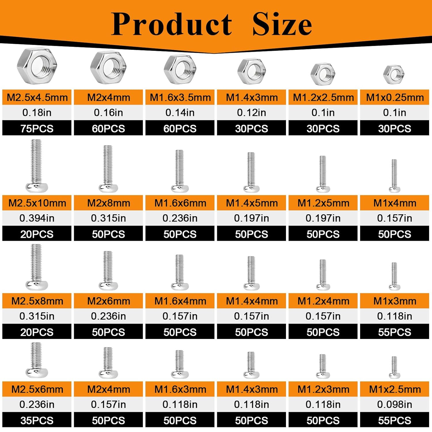 1120Pcs 304 Stainless Steel M1 M1.2 M1.4 M1.6 M2 M2.5 Metric Micro Screws Nuts A