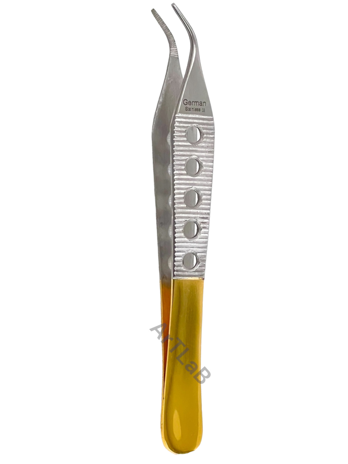 1 Ea | Adson Dressing Forceps 12cm Serrated Curved Tips, w/ Handle Holes – Gold