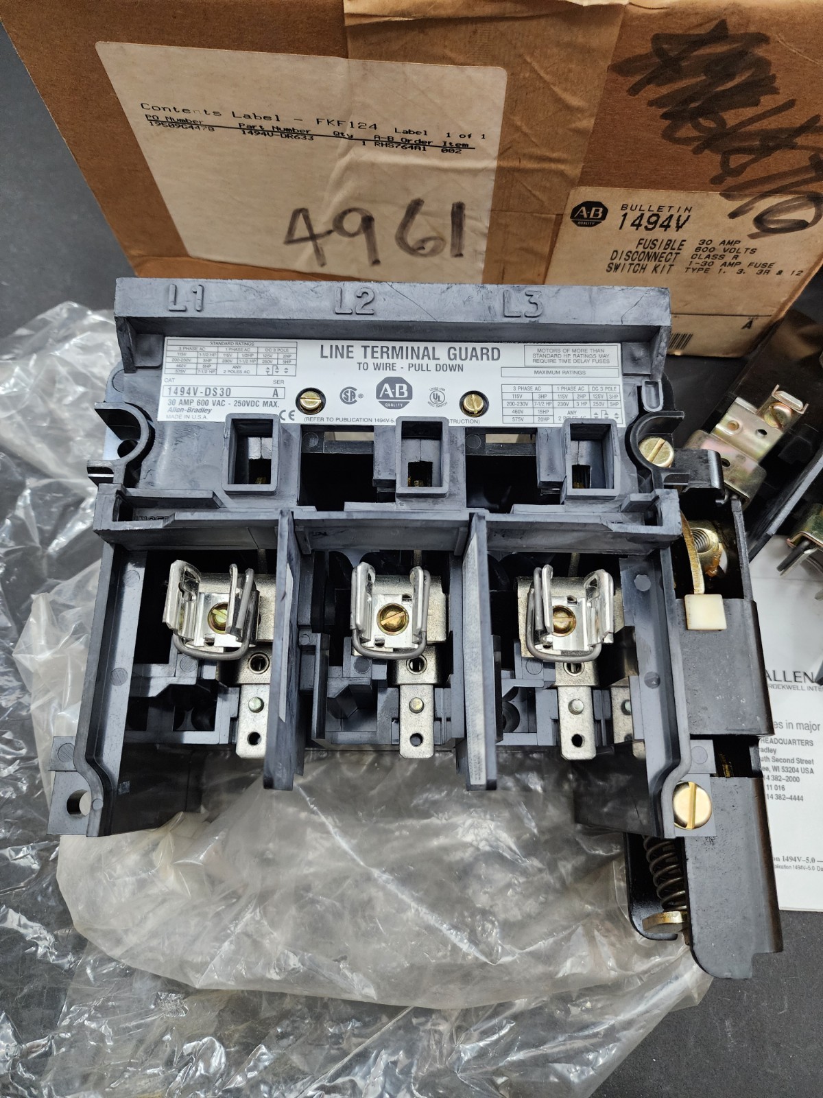 Allen Bradley 1494V-DR633 Fusible Disconnect Switch Kit 30 Amp 600V Open Box