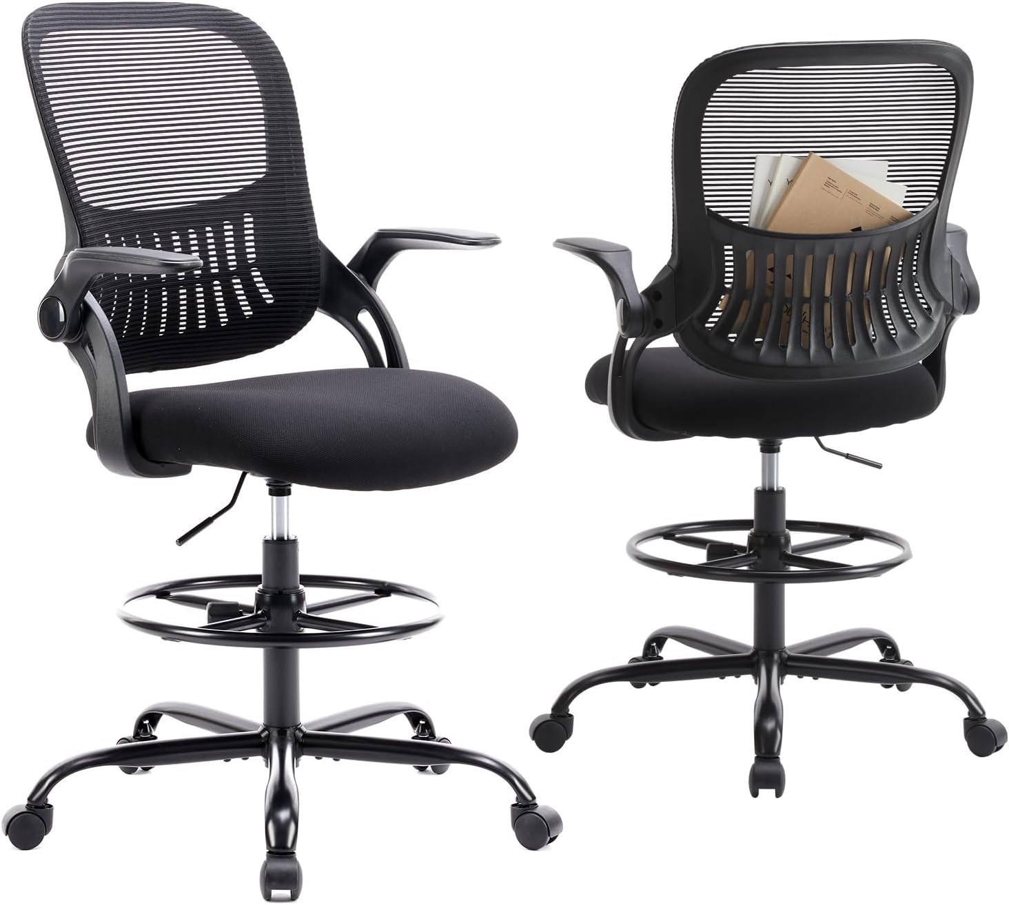 Drafting Chair for Standing Desk, , Flip-up Arms, Ergonomic Mid Back Mesh Rol…