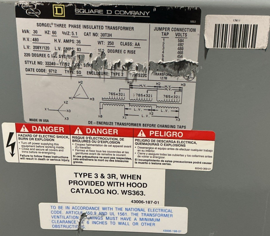 Square D 30kVA 480V Transformer 3PH 60HZ 208Y/120V 30T3H 🟦