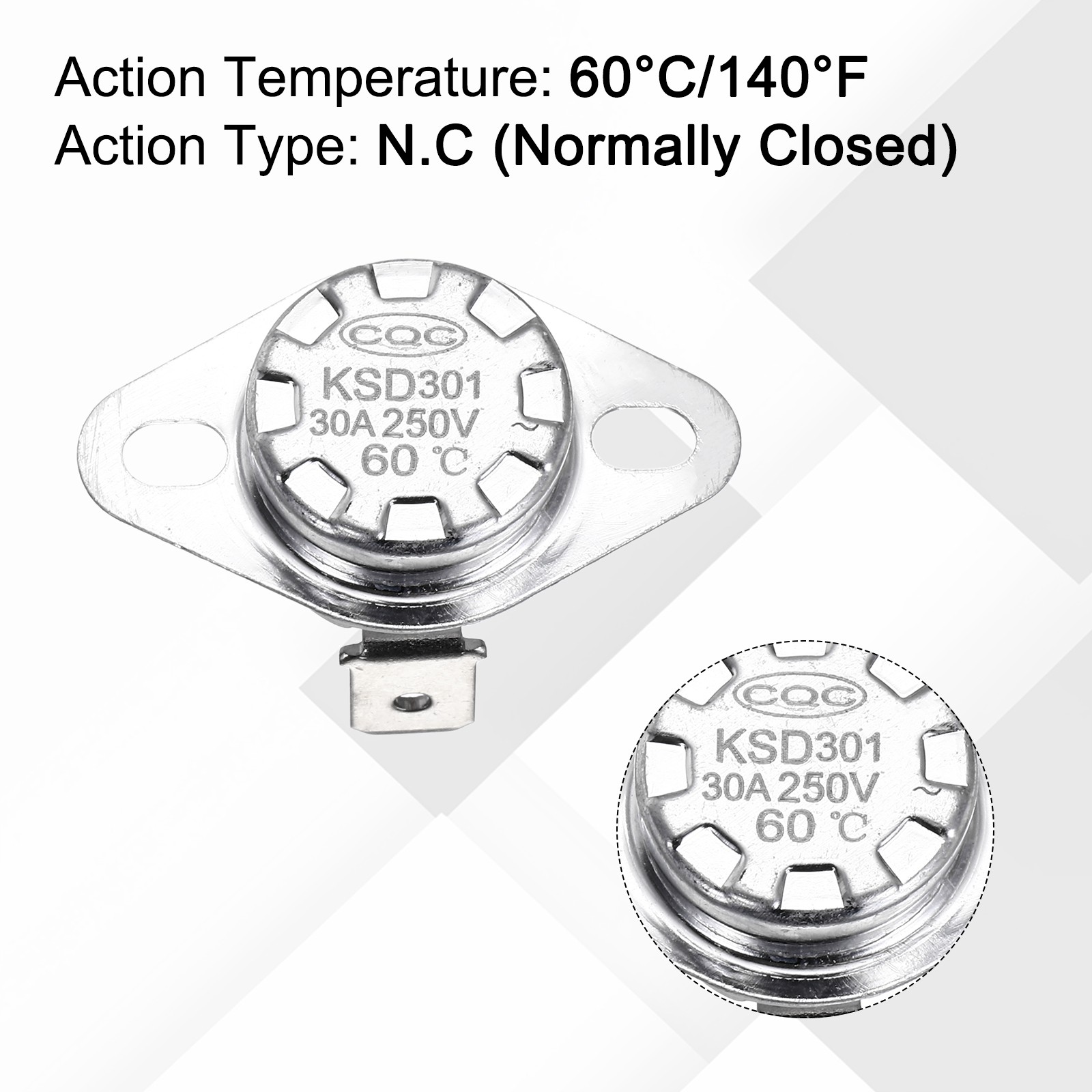 2 Pcs KSD301 Thermostat 60°C/140°F 30A NC Snap Disc Temperature Switches
