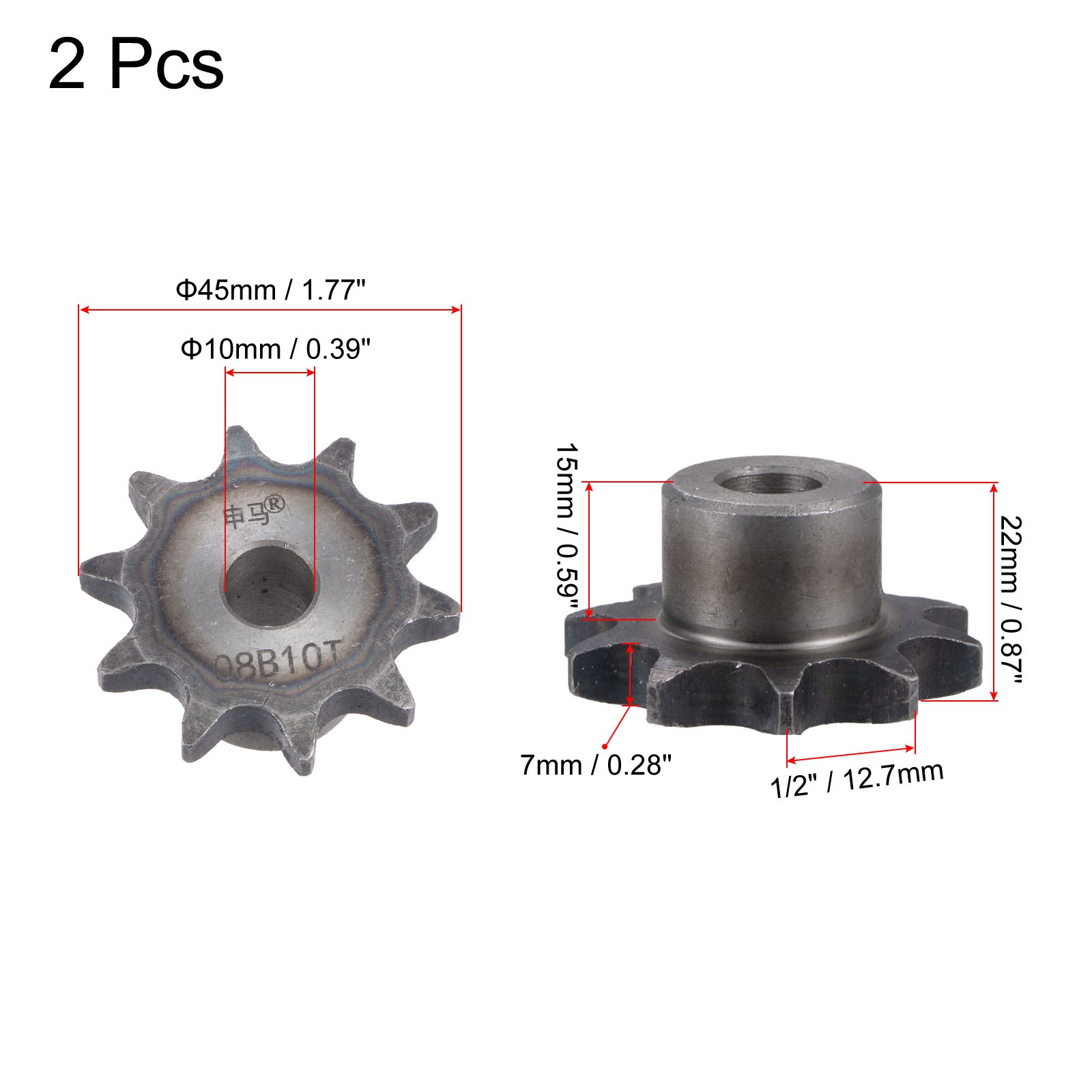 2Pcs 08B Chain Roller Sprocket 10mm Bore 1/2″ Pitch 10 Tooth Type B Sprocket