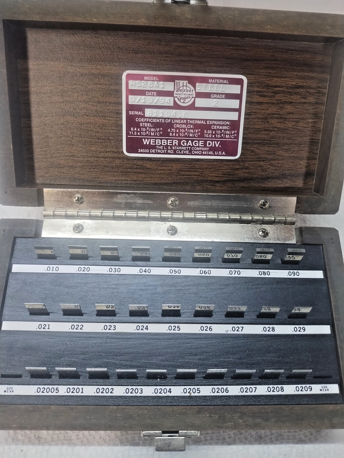 Starrett Weber RS28A1 Gage Block Set Grade 2