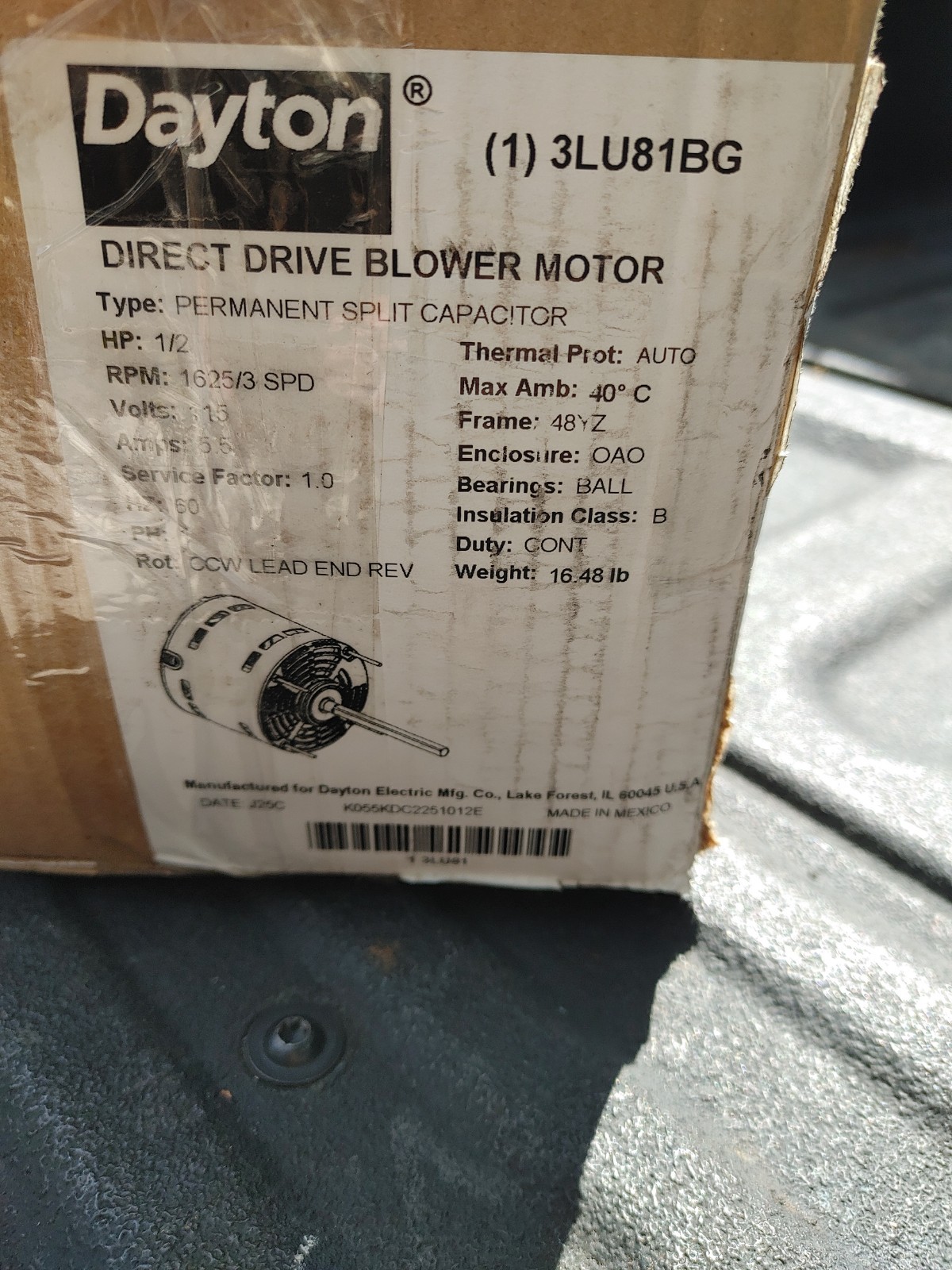 DAYTON 3LU81BG Motor,1/2 HP,1625 rpm,48YZ,115V 3LU81BG BRAND NEW IN BOX