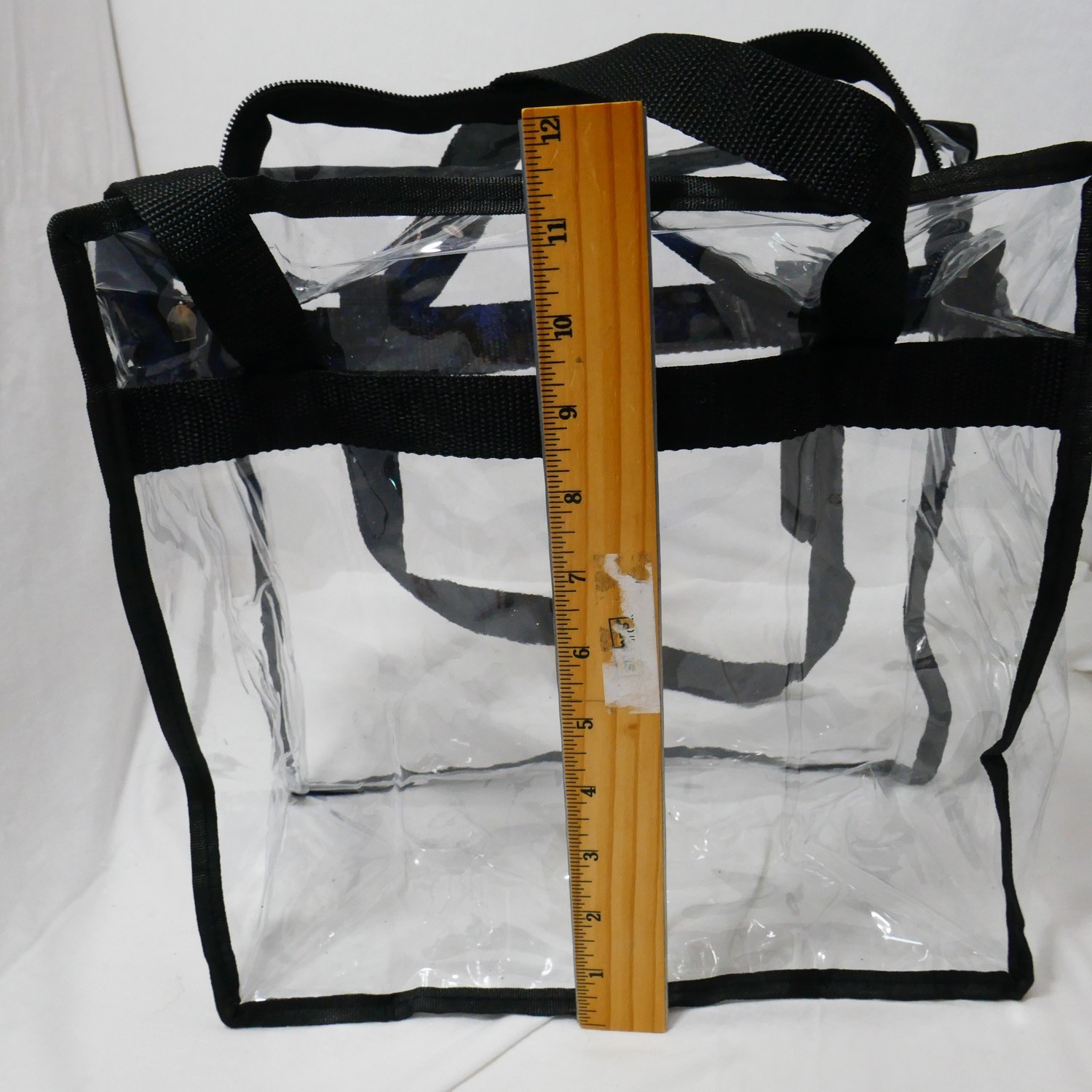 clear PVC stadium-approved tote bag with black handles, events venues security