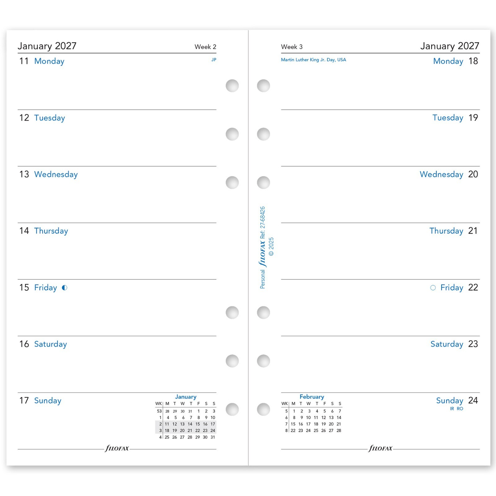 2026 Filofax Personal Size Refill 26-68426, Week on One Page, 95mm x 171mm
