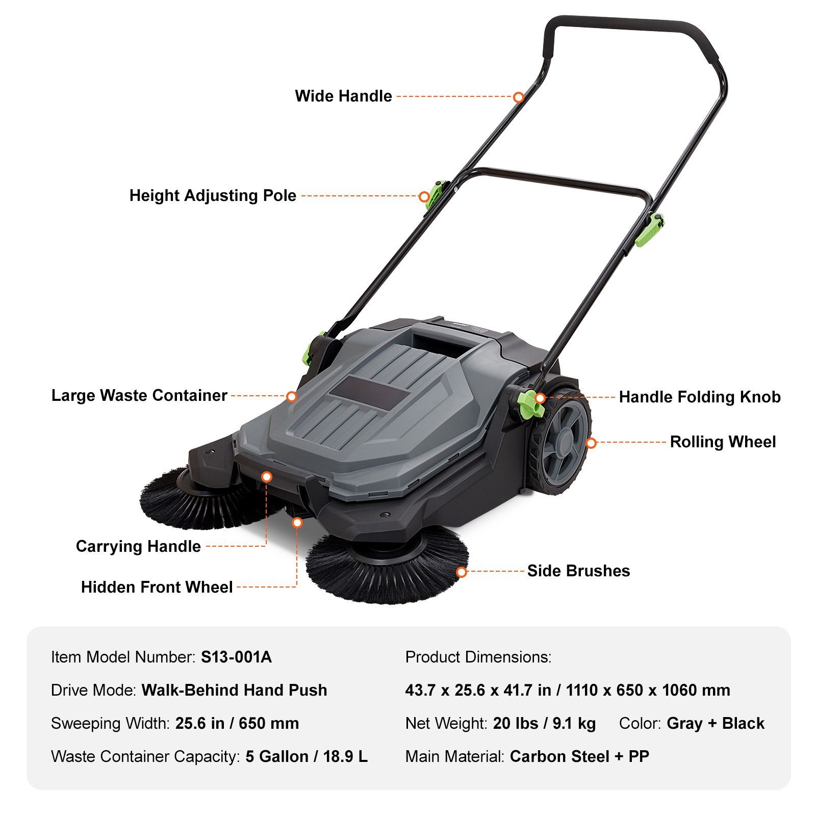 Manual Walk-Behind Floor Sweeper with Adjustable Height for Outdoor Use