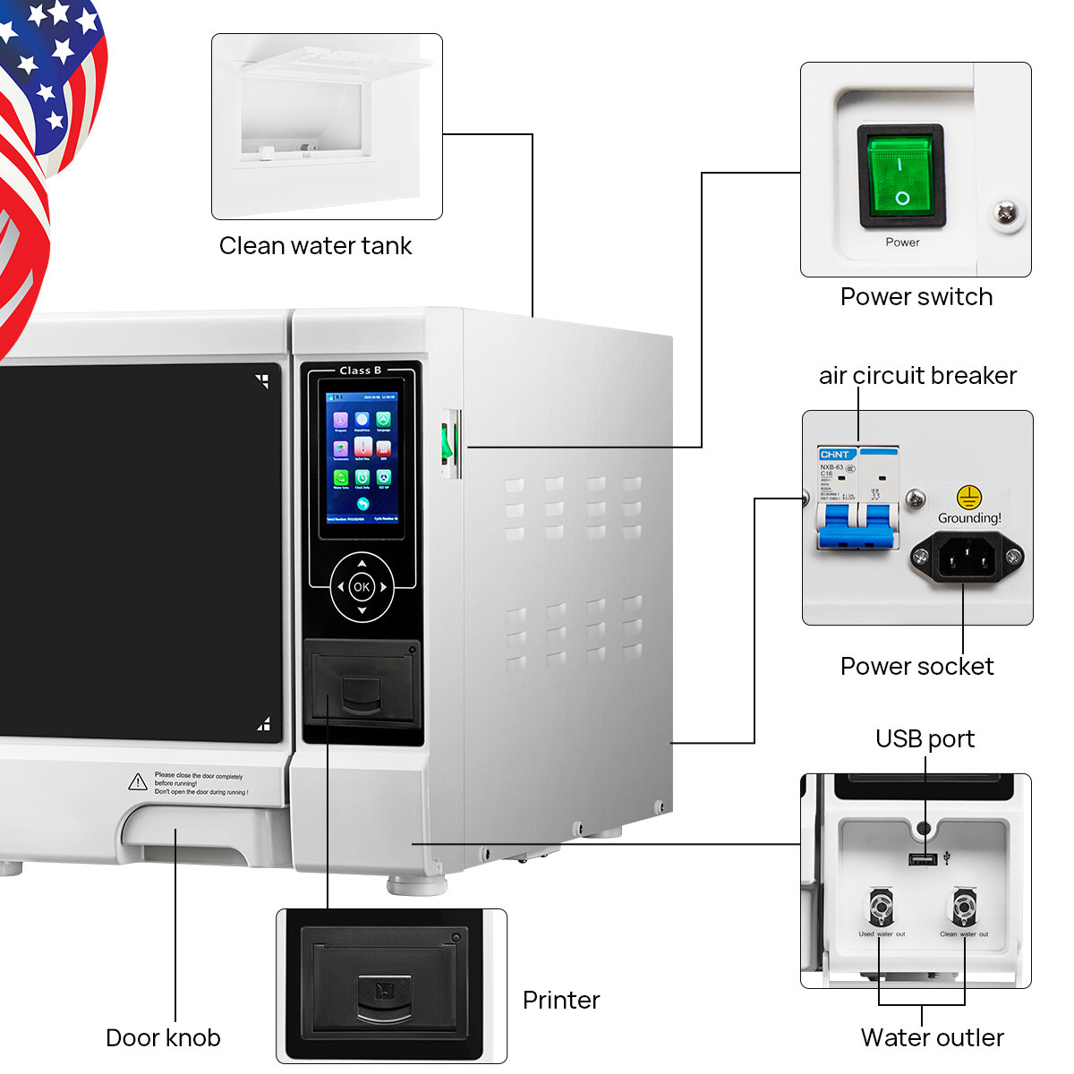 22L Class B Dental Autoclave Vacuum Pressure Steam Sterilizer Built-in Printer