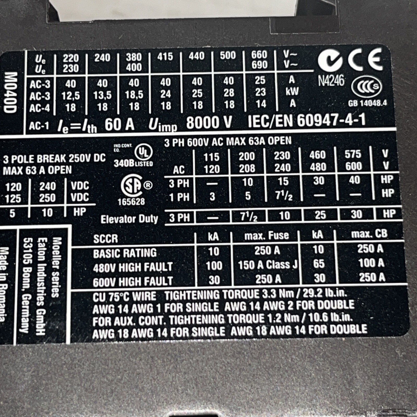 Eaton XTCE040DS1A DIL M40, Contactors 3P 40A 120V 50/60Hz D Frame 1NO 1NC, NEW