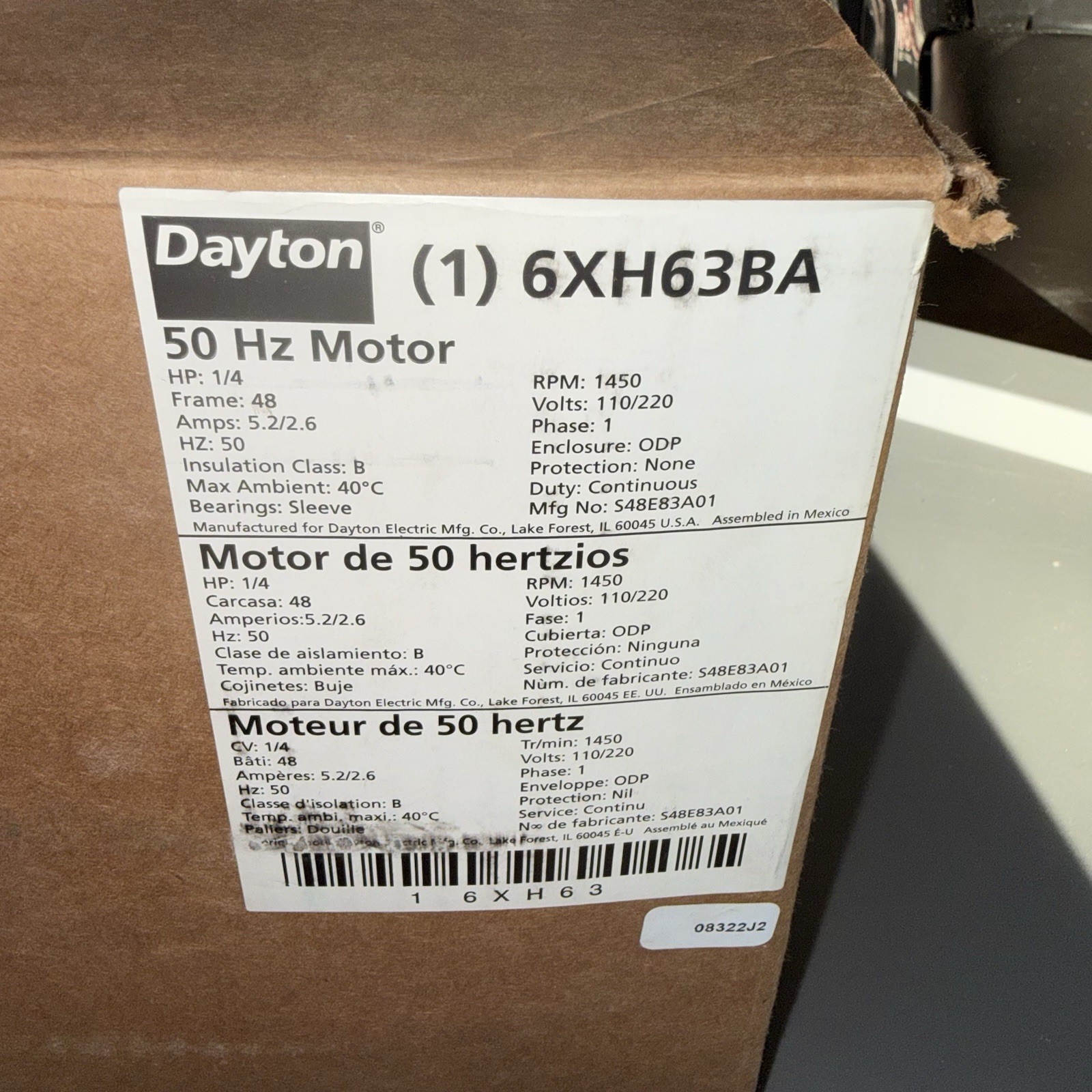 Dayton 6Xh63ba 50 Hz Motor 1/4 Hp 1450RPM 110/220 Volts 48 Frame ODP New