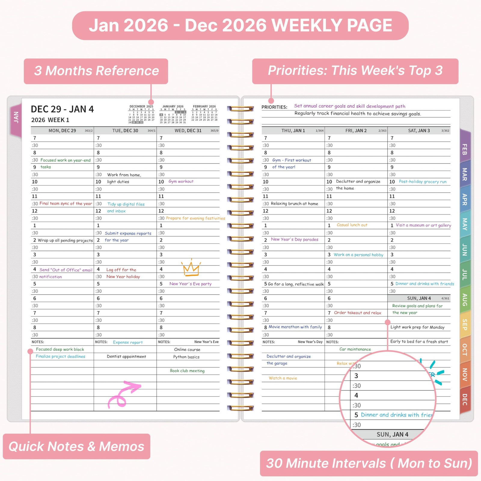 2026 Appointment Book, 30 Minutes-Hourly, Weekly ＆ 6.2» x 8.4», Pink