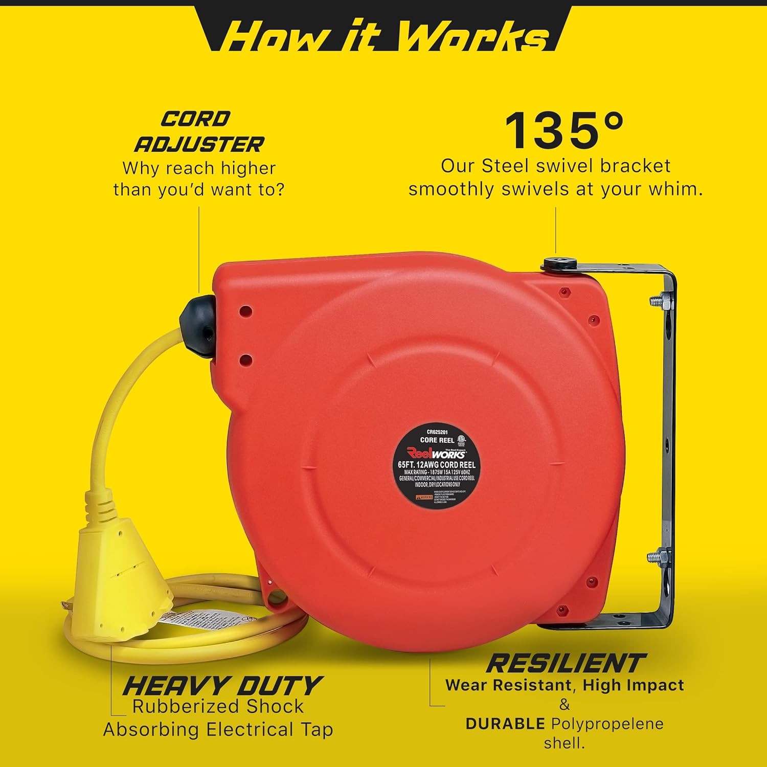 ReelWorks 12 AWG x 65′ 15A 3 Grounded Outlets Extension Cord Reel – RED/YELLOW