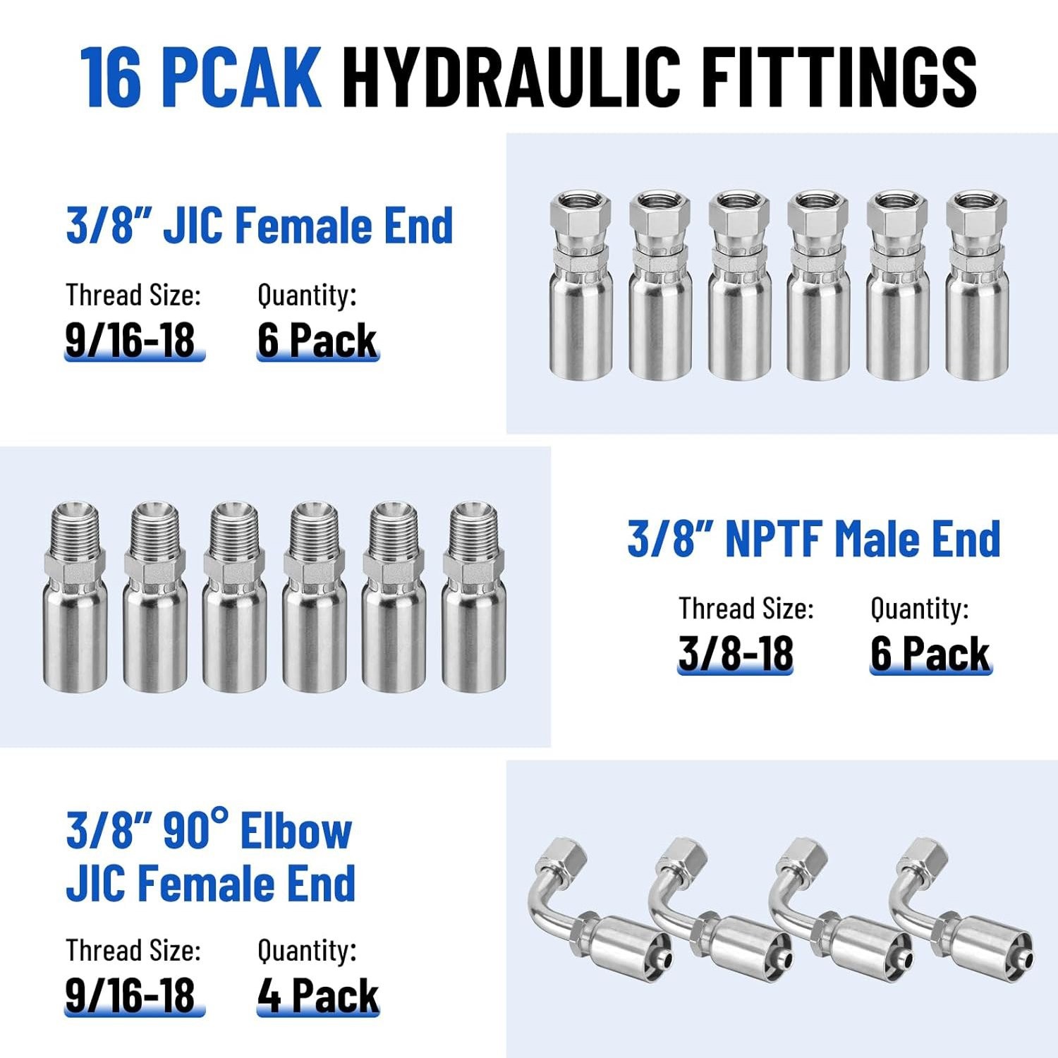 2-Wire Braid Hydraulic Hose Kit 33FT 3/8″ Hose with 16PCS Carbon Steel Fittings