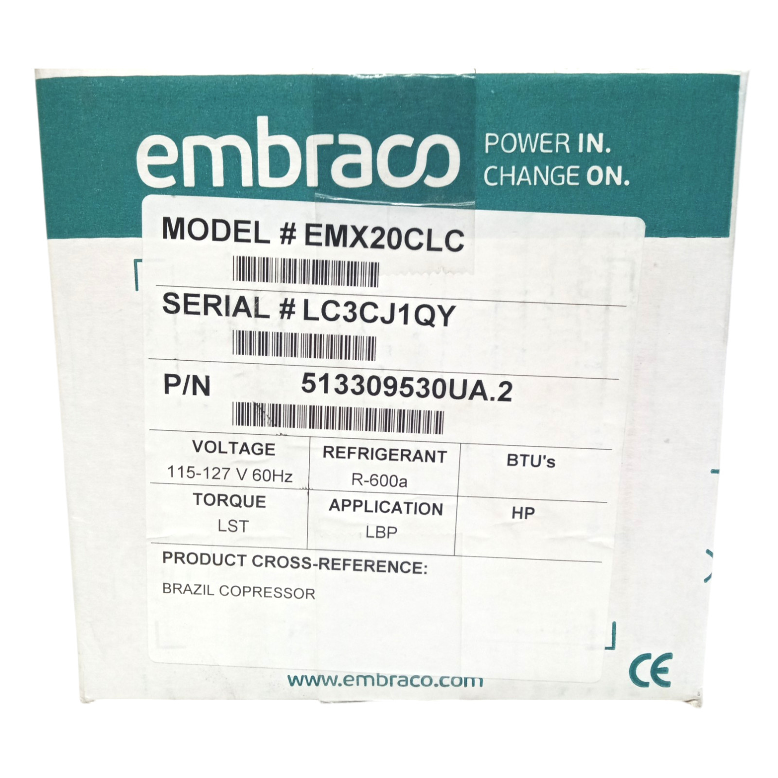 Embraco EMX20CLC Compressor 1/12HP 262 Btu/h R-600a 115V
