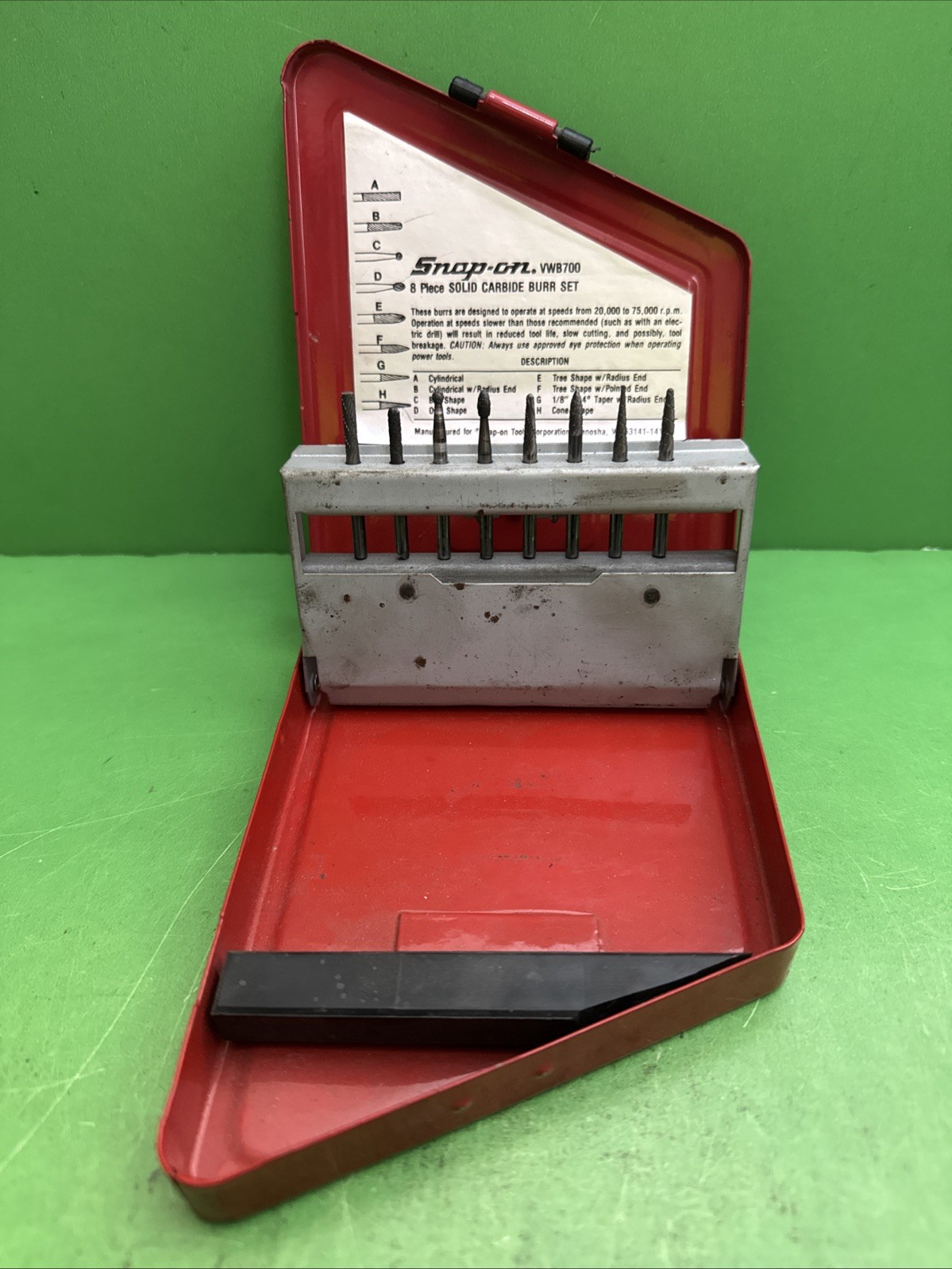 Snap-On USA VWB700 Complete 8 Piece Solid Carbide Burr Set, OEM Steel Index Case