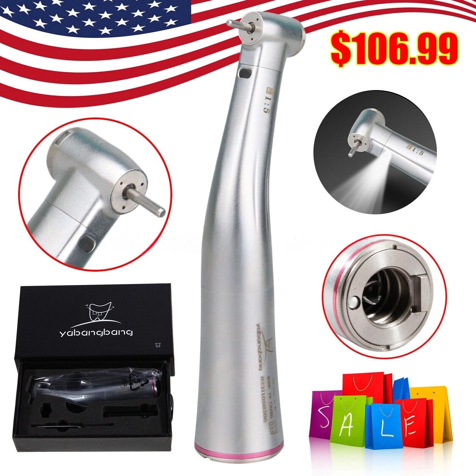 YBB Dental 1:5 LED Fiber Optic Low Speed Contra Angle Handpiece For NSK