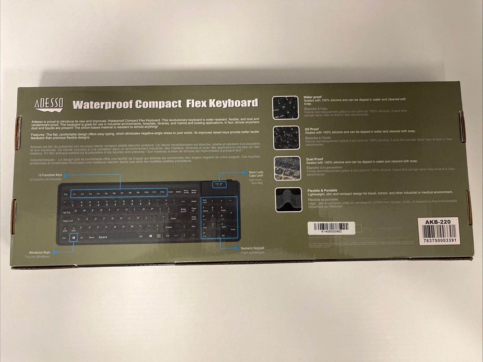Adesso AKB-220 Waterproof Compact Flex Keyboard 15in X 5.2in X 0.5in