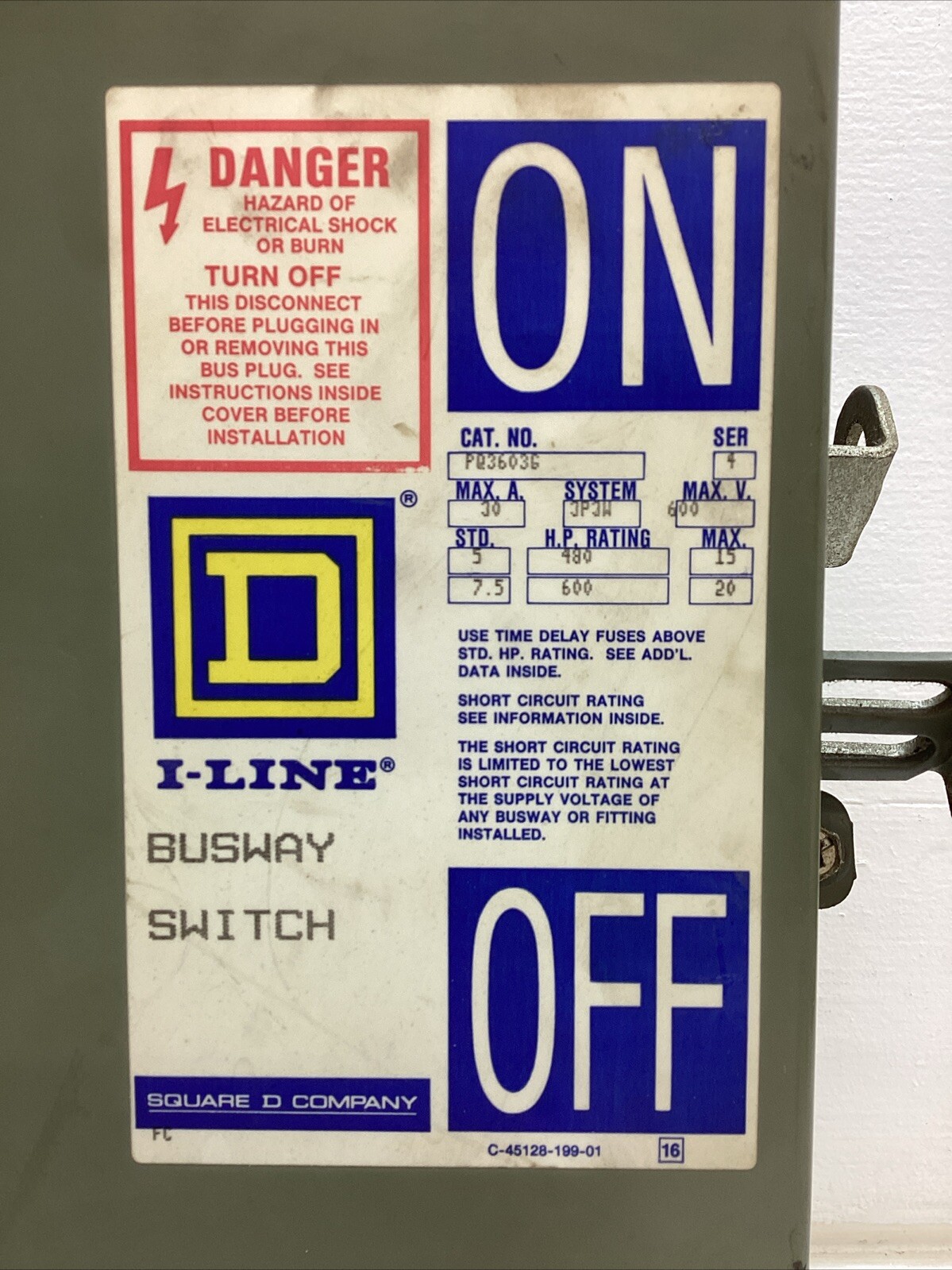 Square D I-Line Busway Switch Series 4 PQ3603G 30 Amp 600volts 3P3W Tag#1