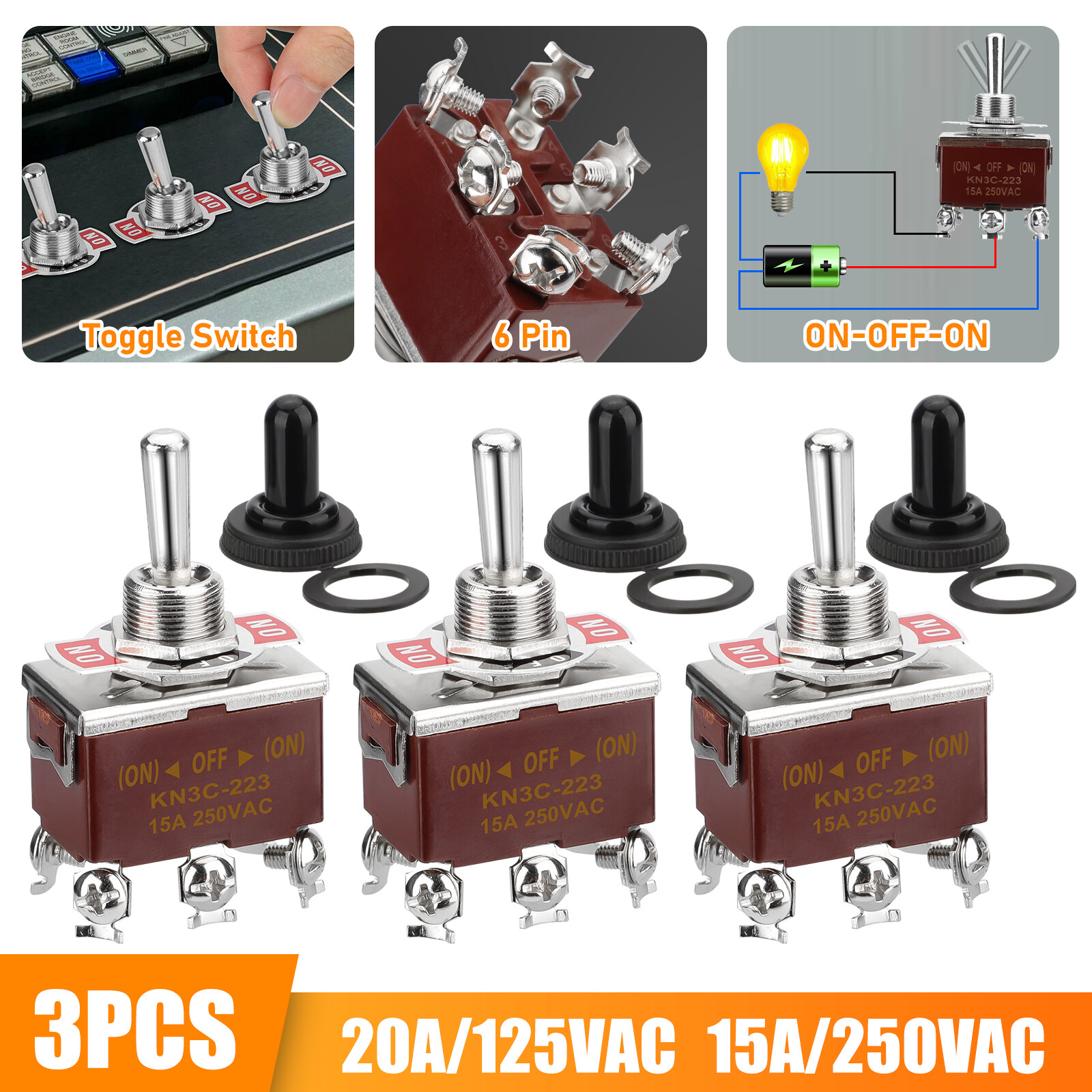 3X 3 Position 6Pin Toggle Switch Heavy Duty 20A 125V/15A 250V DPDT (ON)-OFF-(ON)