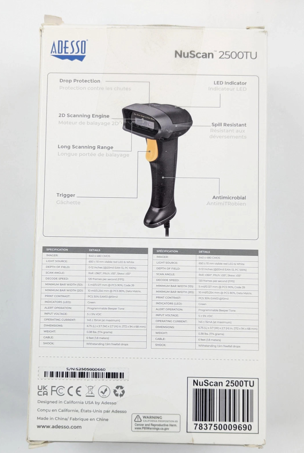 New Adesso NuScan 2500TU Spill Resistant Antimicrobial 2D Barcode Scanner