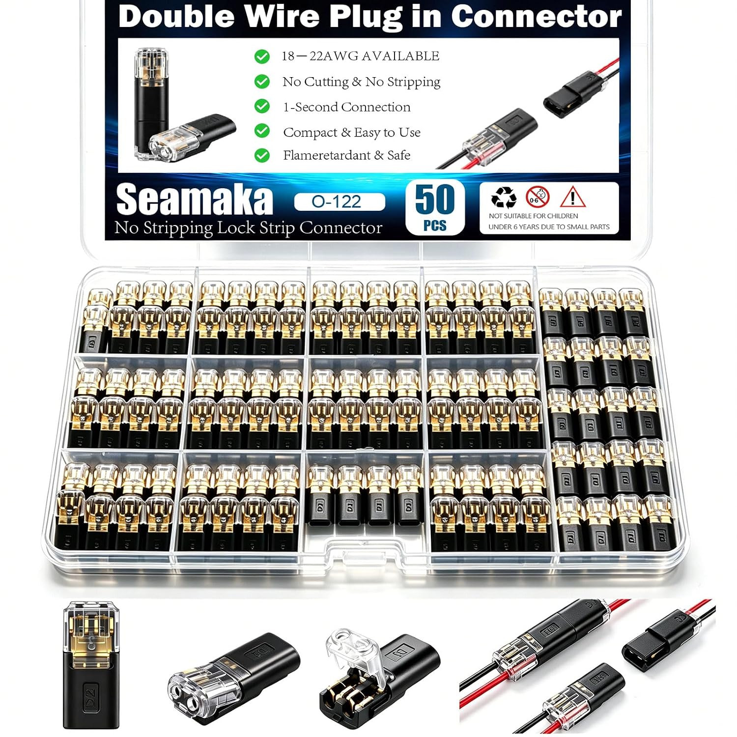 50Pcs Quick Connect Wire Connectors,Low Voltage No Stripping Double Wire Plug