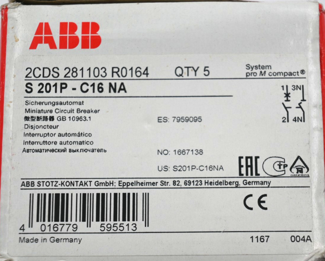 ABB S201P-C16NA Circuit Breaker 2CDS 281103 R0164 (1 BOX-5 PCS)