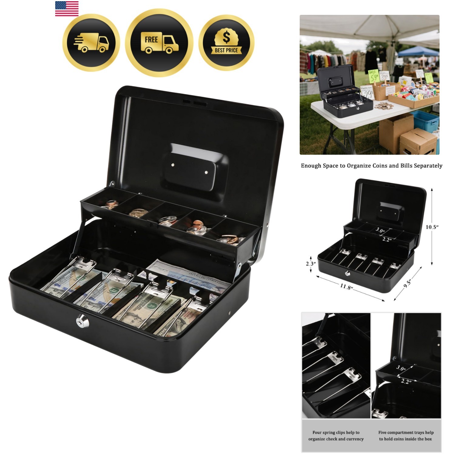 Large Cash Box with Money Tray and Lock – Safe Box for Cash Saving Key Lock M…