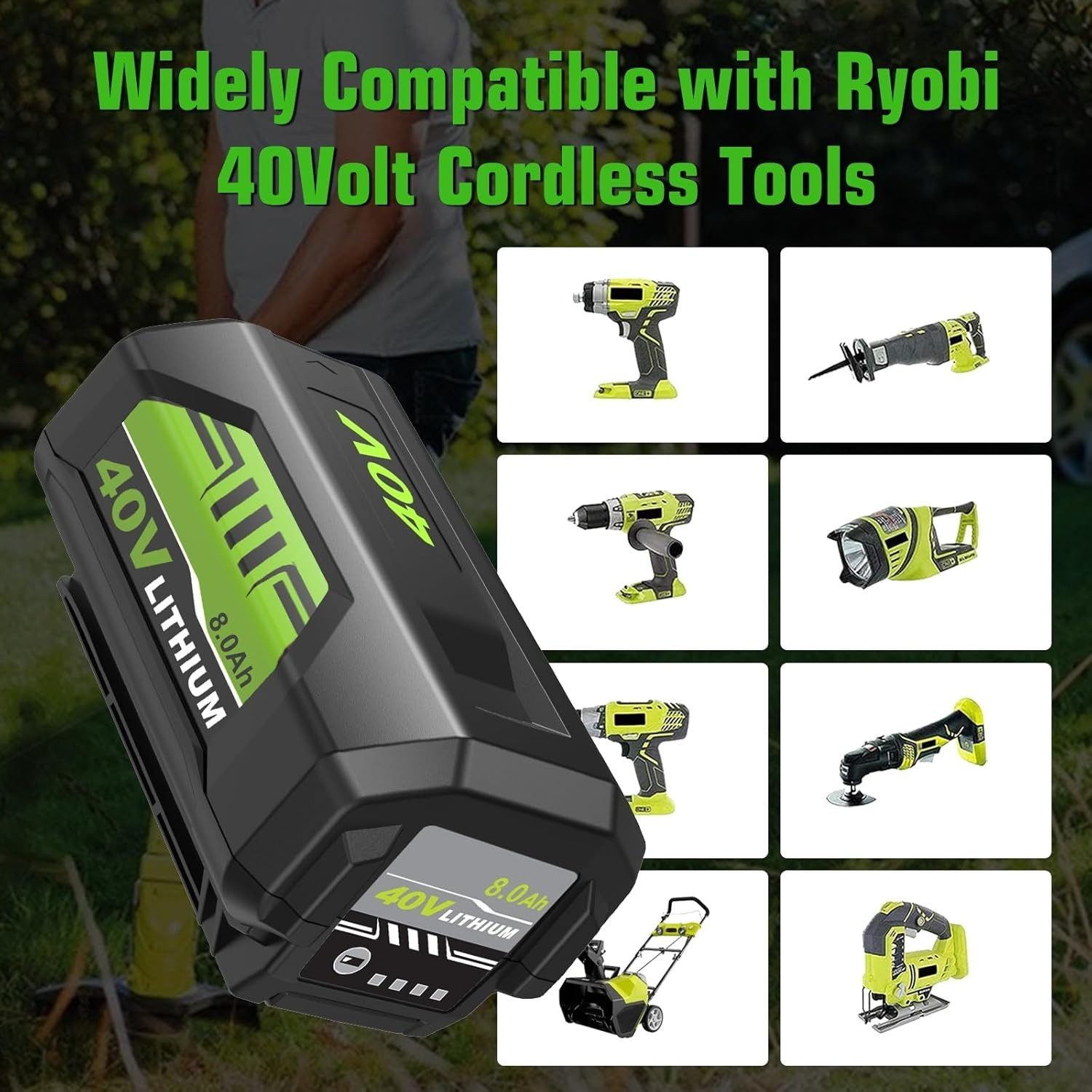 2 Pack 8.0Ah Battery 40 Volt for Ryobi 40V Lithium Ion OP40602 Battery with LED