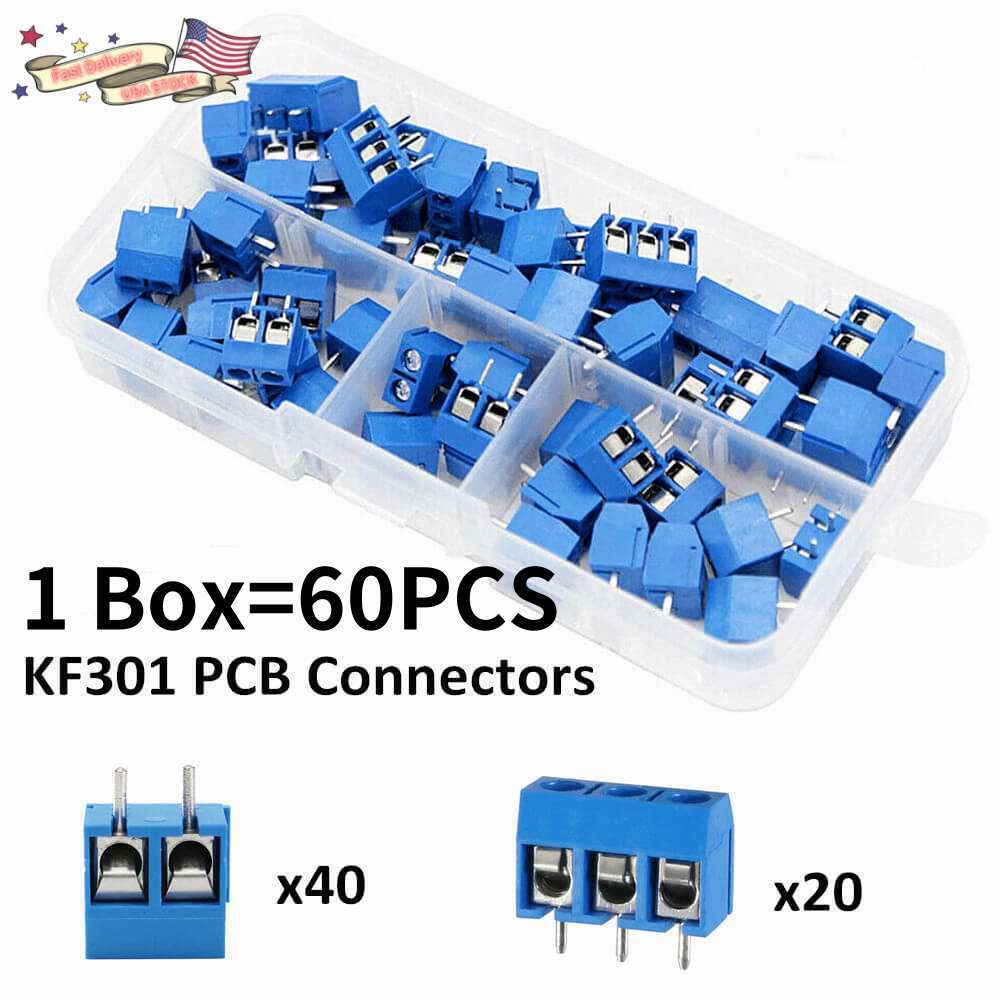 60/300PCS KF301-2P/3P PCB Mount Screw Terminal Block Connector 5mm Pitch 2/3Pin