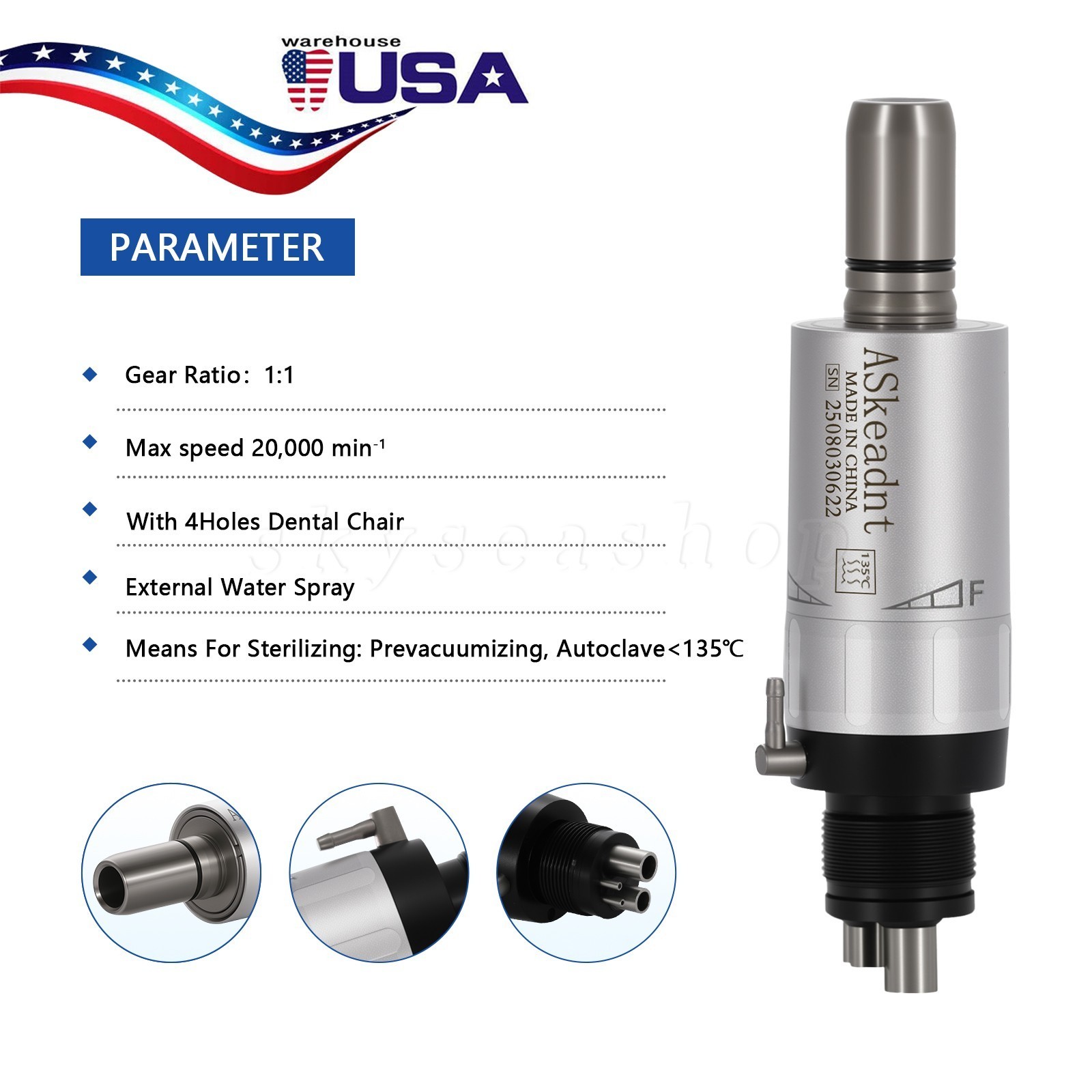 ASkeadnt Dental slow low Speed Handpiece Air Motor 4 Holes E-Type Connector FX