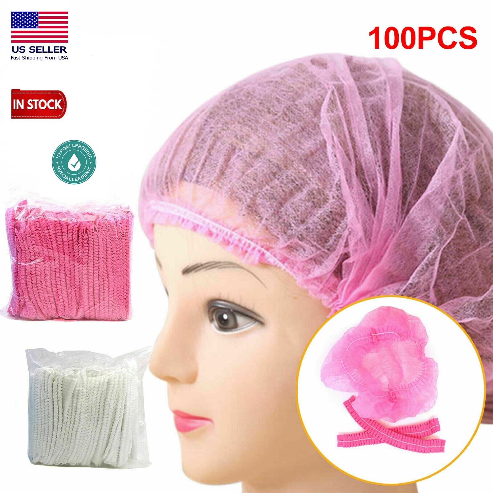 100 Disposable 18″ Non-Woven Strip Mob Caps(Pink/White) Net Bouffant Head Covers