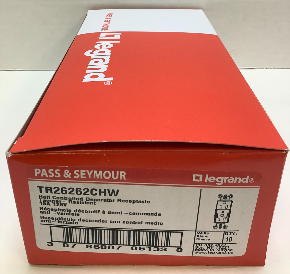 Legrand TR26262CHW Half Controlled Decorator Receptacle, 15A, White, Case of 10