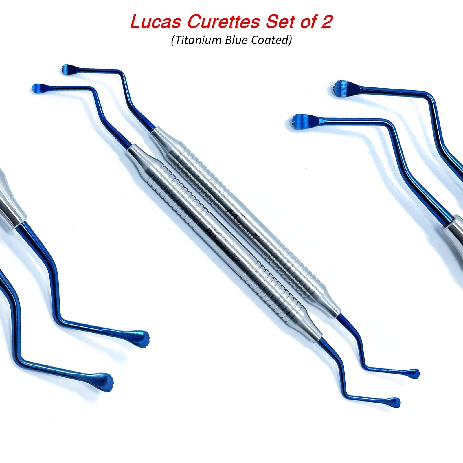 Dental Lucas Curettes Set of 2 Surgical Bone Curettes Serrated Blue Coated Tips