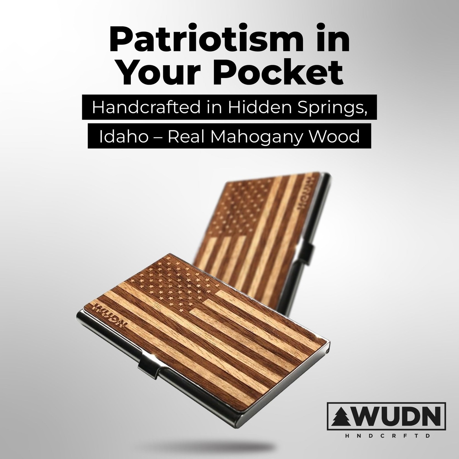 WUDN Handcrafted Wooden Business US Card, American Flag in Mahogany